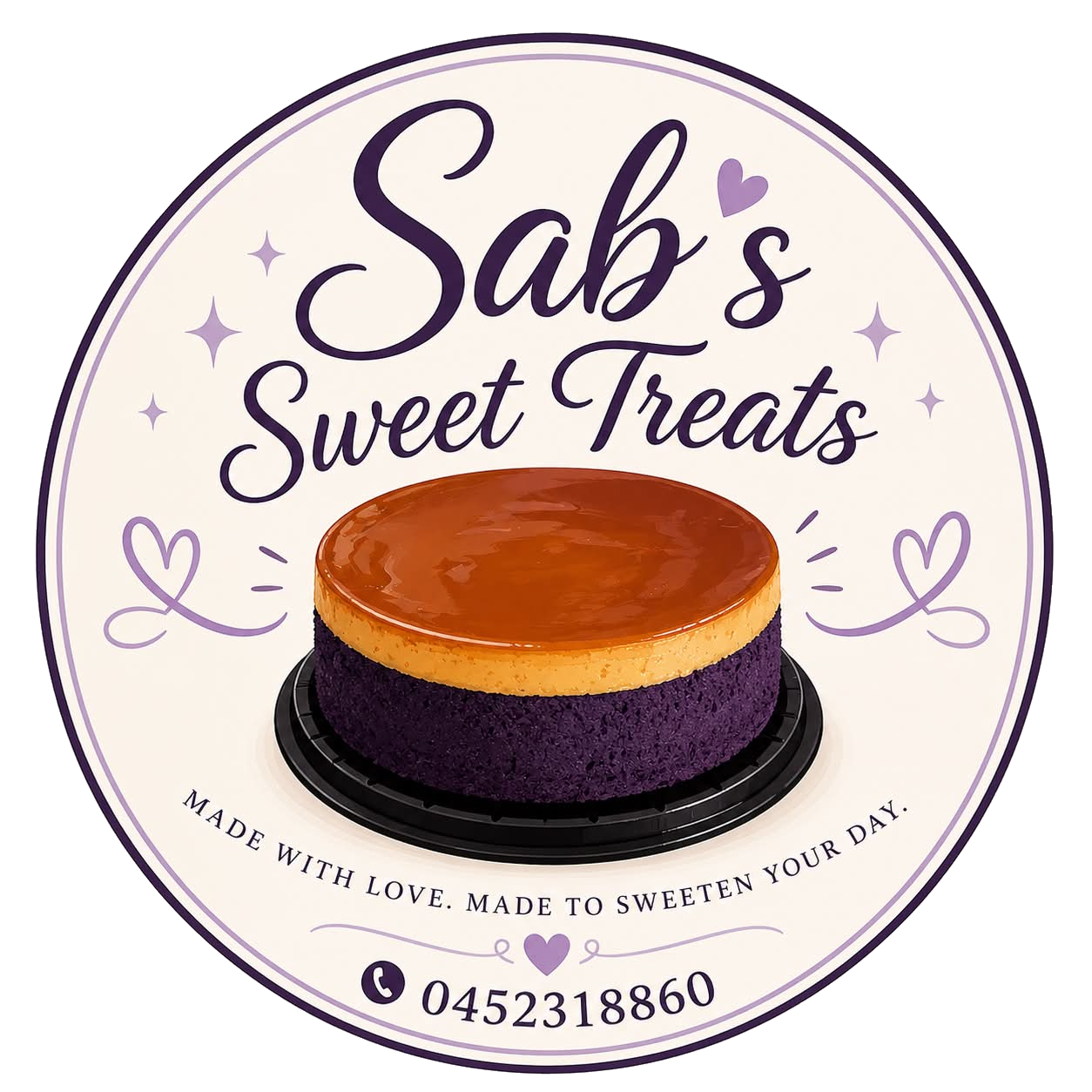 Sab's Sweet Treats logo featuring the signature ube flan cake